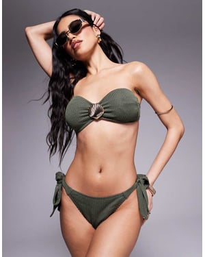South Beach tie side crinkle stripe bikini bottoms in khaki