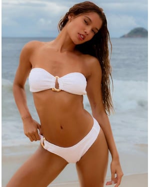 Moda Minx x Agnes Pimentel scrunch brazilian bikini bottom with irregular hoop detail in White