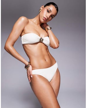 South Beach crinkle bandeau gold flower bikini top in cream