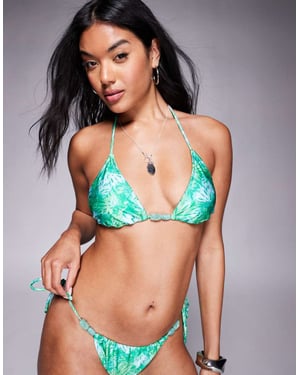 Candypants abstract print beaded triangle bikini top in green