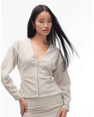ASOS DESIGN koord ribbad ballongsärmad strukturerad topp i stenbeige