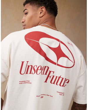ASOS DESIGN boxy oversized tungt t-shirt med sänkt axel och ryggtryck i krämfärg