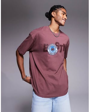 ASOS DESIGN oversized t-shirt med stadsbadge och grafisk design i brun