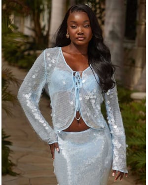 South Beach tie front sequin long sleeve beach top in blue