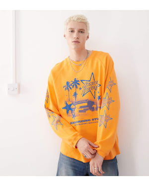 COLLUSION Långärmad skater passform t-shirt i orange med blått tryck