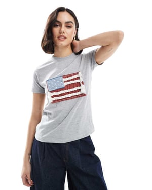 Daisy Street applique flag t-shirt in grey marl