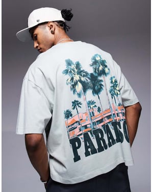 ASOS DESIGN boxig oversized t-shirt med tryck fram i grått