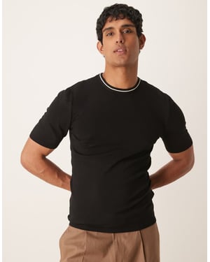 ASOS DESIGN muskelpassform boxy premium stickad t-shirt med kant i svart