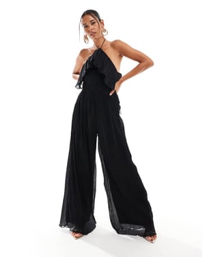 ASOS DESIGN textured halter wide leg jumpsuit with frill detail in black