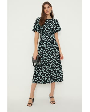 Spot Shirred Waist Short Sleeve Midi Dress