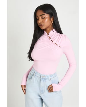 Ruched Long Sleeve Asym Button Up Bodysuit