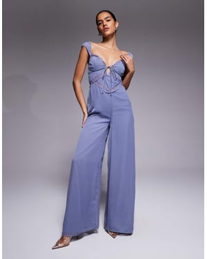 ASOS DESIGN lace insert corset detail wide leg jumpsuit in dusky blue