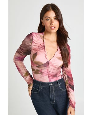 Blurred Floral Print Mesh Ruched Neckline Long Sleeve Bodysuit