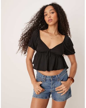Pimkie tie front puff sleeve peplum blouse in black