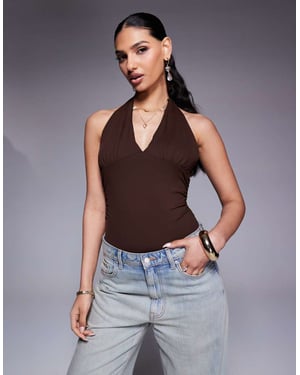 ASOS DESIGN polyamid djup halsringning halterneck bodysuit i choklad