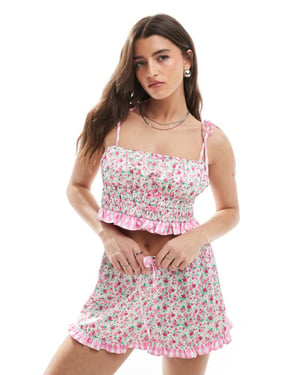 The Frolic exclusive shirred satin contrast gingham ruffle hem cropped pyjama top co-ord in pink floral