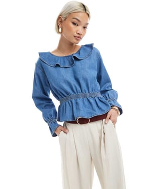 Miss Selfridge chambray volang peplum topp i mellan tvätt