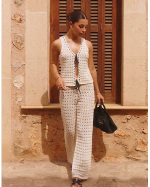 The Frolic x Lydia Kara exclusive crochet contrast thread trim wide leg beach trouser co-ord in cream