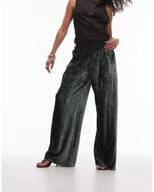 Topshop crushed velvet wide leg trouser with skinny waistband in green