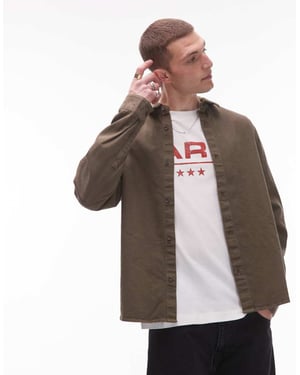 Topman långärmad tvättad canvas overskjorta i khaki