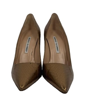 Manolo Blahnik BB Pump Pointed Toe Pumps in Bronze Snakeskin Leather