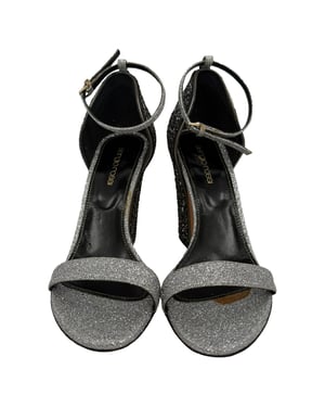 Sergio Rossi Glitter Block Heels in Silver Metallic Glitter