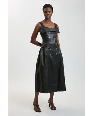 Faux Leather Trench Midi Dress