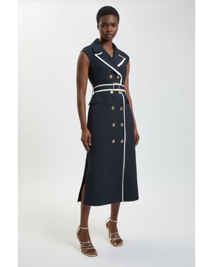 Compact Stretch Double Breasted Belted Tipped Tailored Midi Dress