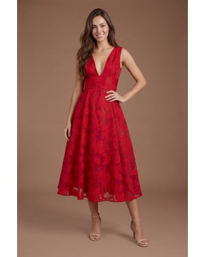 Plunge V Full Skirted Jacquard Midi Dress