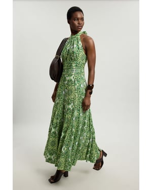 Double Cloth Tile Print Halterneck Midi Dress