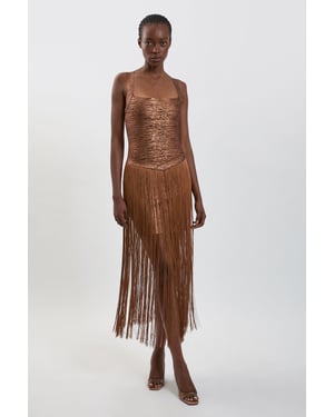 Foil Metallic Figure Form Bandage Fringed Knit Maxi Dress