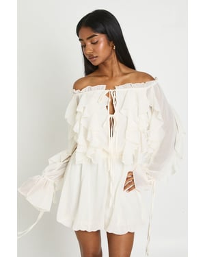 Bardot Ruffle Detail Textured Chiffon Playsuit