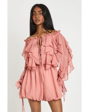 Bardot Ruffle Detail Textured Chiffon Playsuit