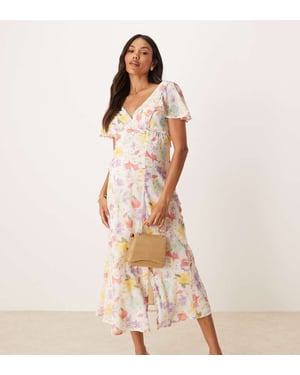 ASOS DESIGN Gravid sömdetalj midi teklänning i pastellblommig design