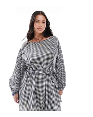 Esmee Curve Exclusive three quarter sleeve mini beach dress in black and white gingham
