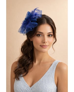 Rosette Faux Pearl & Polka Veil Feather Fascinator in Navy
