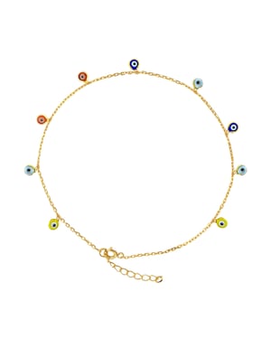 Gold Plated Sterling Silver Multi Coloured Evil Eye Anklet