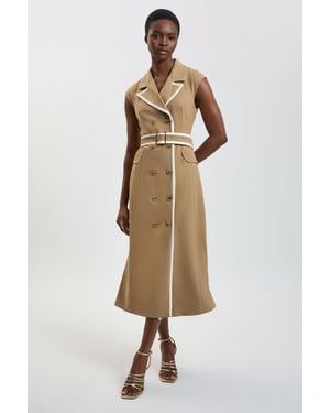 Double Breasted Belted Tipped Tailored Midi Dress
