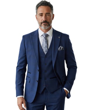 Men's Navy Blue 3 Piece Check Suit Tailored Fit Formal Wear Suit - MARK