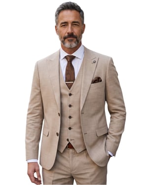 Men's 3 Piece Beige Tailored Fit Formal Suit - Kurt