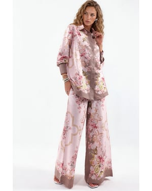 Bloemige Satijnen Shirt En Wijde Pantalon Set