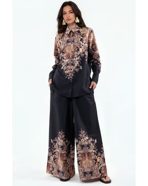 Floral Cotton-viscose Blouse And Wide-leg Trousers Set