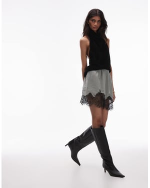 Topshop sammet mini kjol i silver salvia med svart spetsdetalj