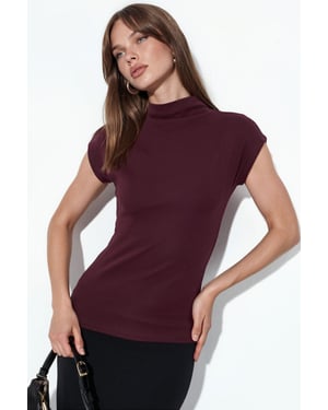 Fitted Mock Neck Cap Sleeve Knitted Blouse