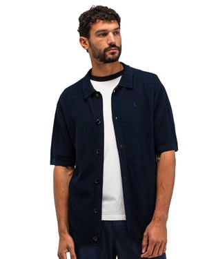Gebreide doorknoops polo Butcher of Blue donkerblauw korte mouw
