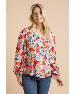 Floral V Neck Blouson Sleeve Top