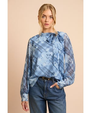 Blue Check Printed Chiffon Pussy Bow Tie Blouse
