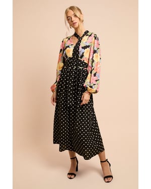 Print Mix Long Sleeve Tie Detail Maxi Dress