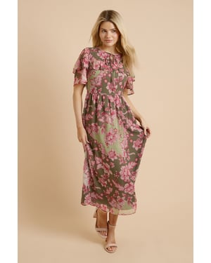 Green Patchwork Flutter Sleeve Frill Yoke Printed Chiffon Midaxi Dress