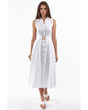 Belted Sleeveless Poplin Shirt Midi Dress